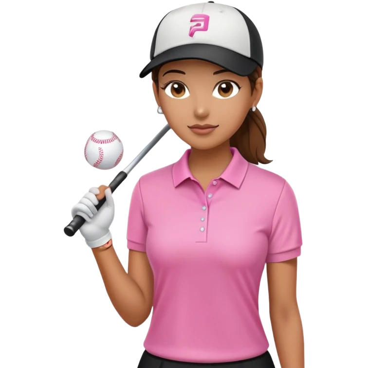 A female golfer with a pink polo shirt, a black skirt, and a white baseball cap. emoji