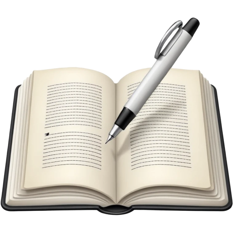 "A white open book,The pen should be positioned as placed exactly in the center between the pages.  if held by a right-handed person - meaning the direction is reversed compared to a left-handed grip. The pen should be uncapped, and the cap placed behind it." emoji