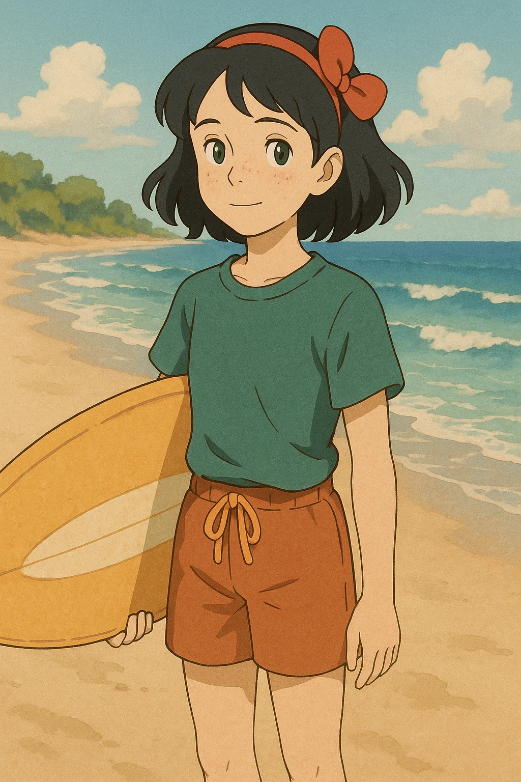 14-year-old girl resembling Snow White, hair slightly below shoulders, small green eyes, some freckles, surfer, medium height, Ghibli style emoji