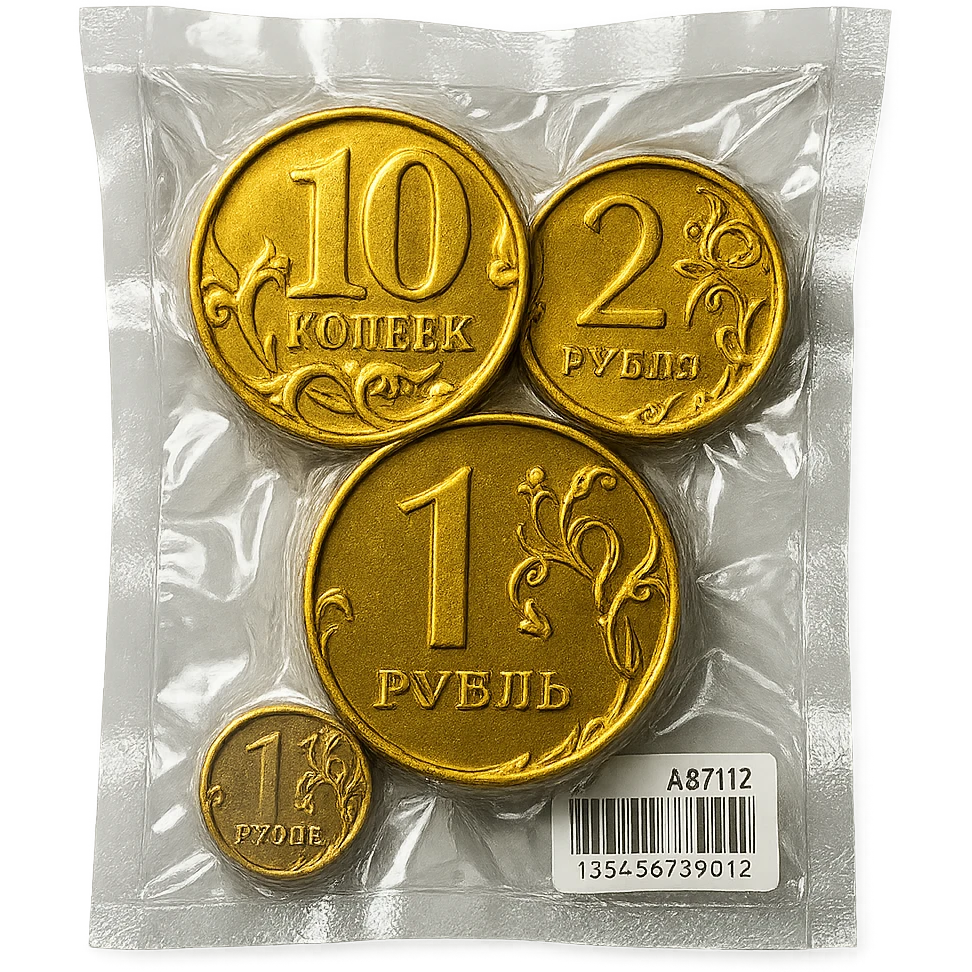 Russian coins, shiny and inflated, vacuum-sealed style emoji