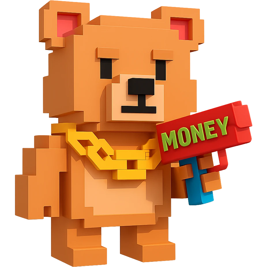 A grizzly bear with a chain and a money gun, voxel style, facing forward emoji