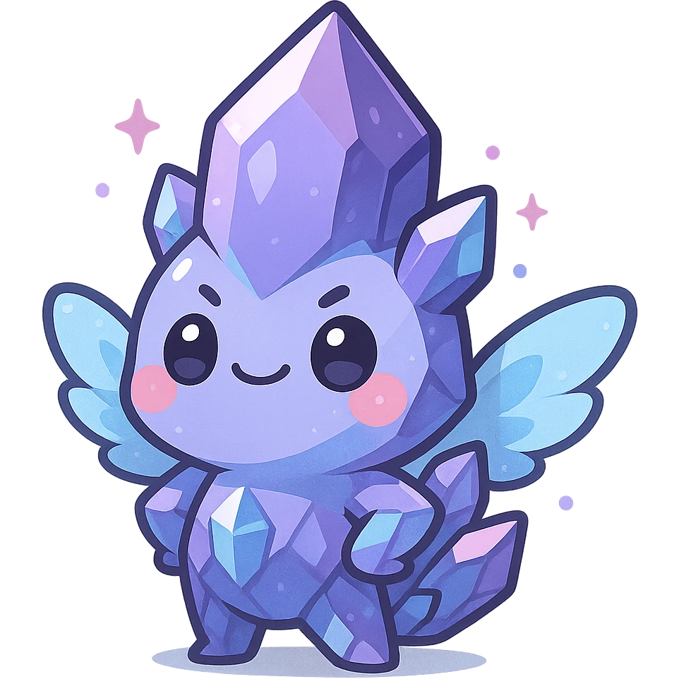 kawaii chibi style crystal sprite creature, purple, blue, and pink, with tiny magical wings, proud expression, chest puffed out emoji