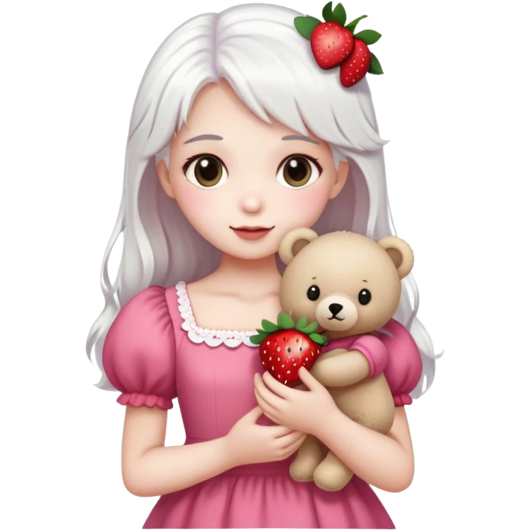 girl with white hair holding a strawberry wearing a pink dress holding a teddy bear emoji