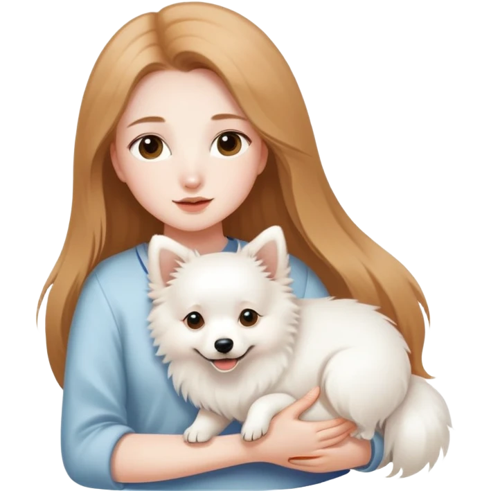 long light brown hair girl with pale skin holding one white Japanese spitz dog in her arms emoji