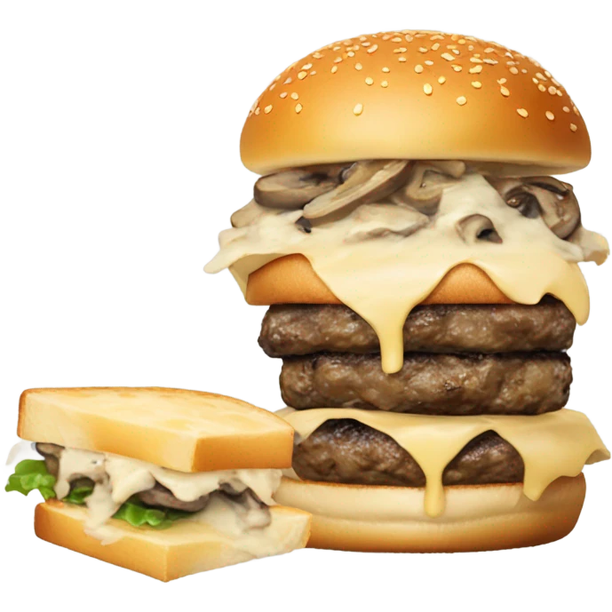 Burger with Swiss cheese, mushrooms, caramelized onions, and truffle aioli  emoji