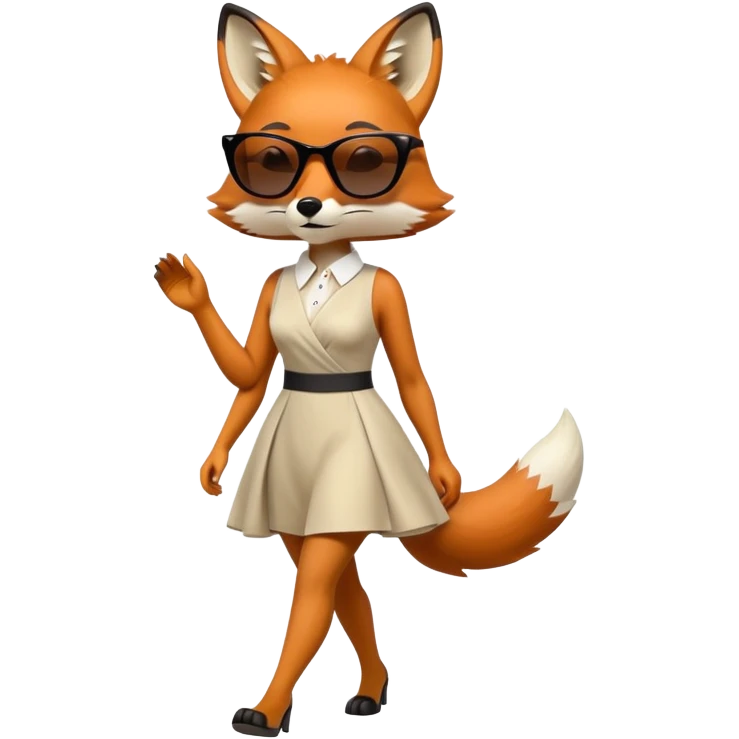 serious anthropomorphised female fox in stylish dress with sunglasses, walking with confidence, full-body view emoji