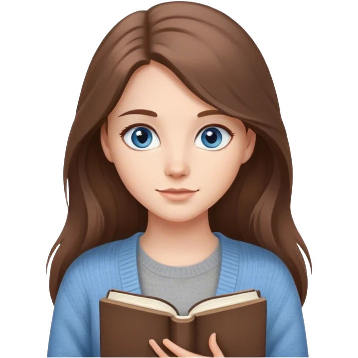 a young woman with long brown hair and blue eyes, with a in a cute gray cardigan with a book  emoji