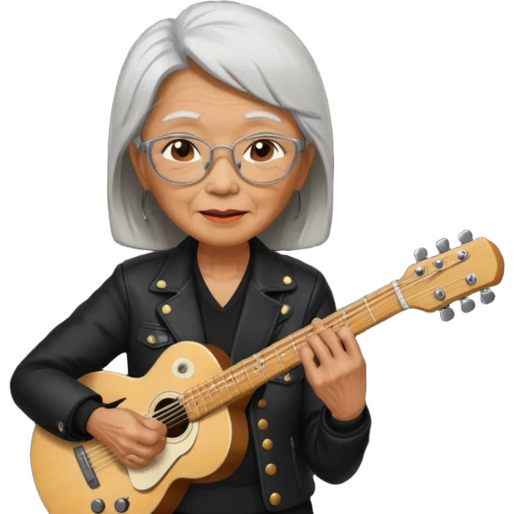 guitar rock player, elderly woman asian head, black jacket emoji