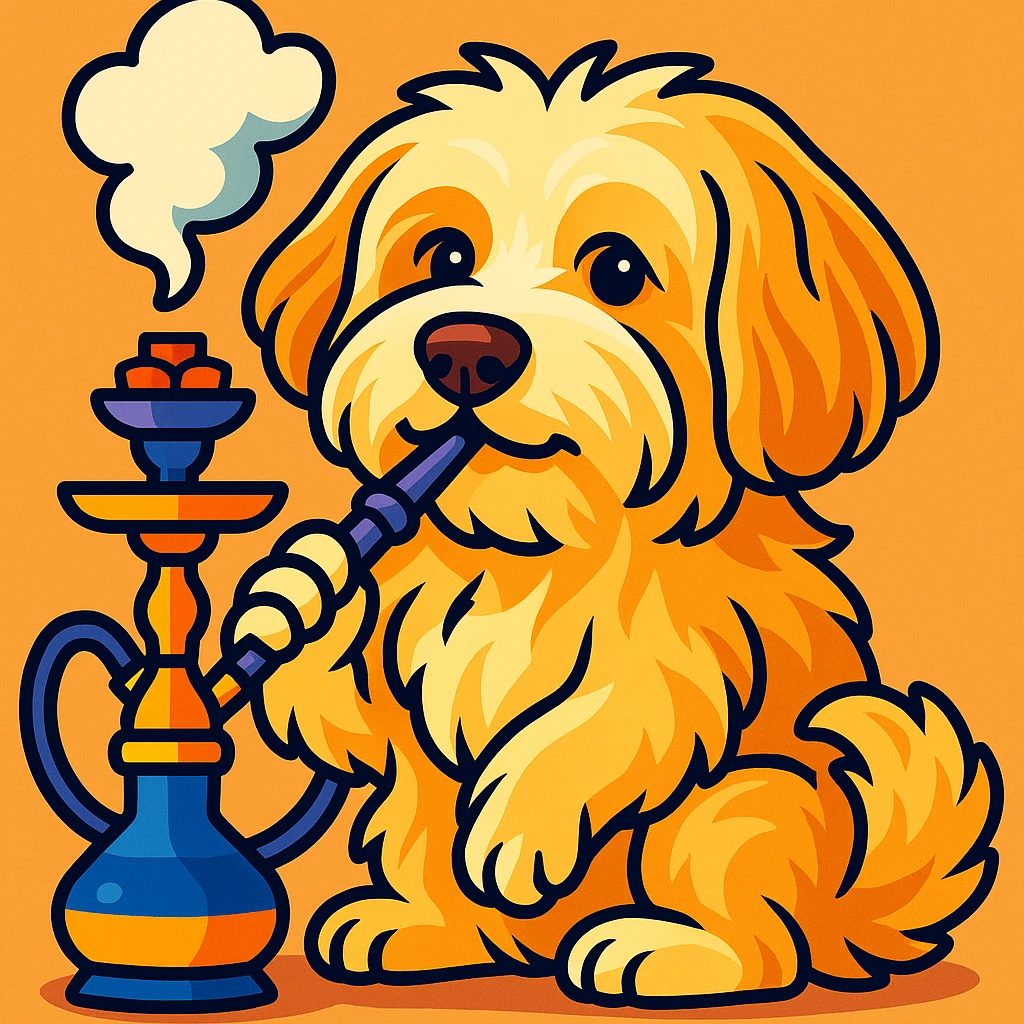 Make this dog smoking shisha, keep the dog's likeness and add a shisha pipe with smoke in a fun, colorful style emoji