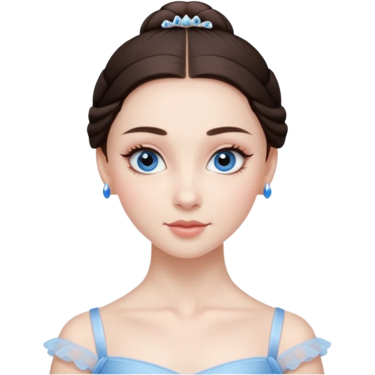 Realistic Ballerina Portrait, with porcelain-like skin featuring a natural rosy flush, illuminated by soft lighting that highlights the gentle contours of her face. Her Brunette hair flows in soft.Her deep blue eyes radiate framed by arched brows and long lashes. emoji