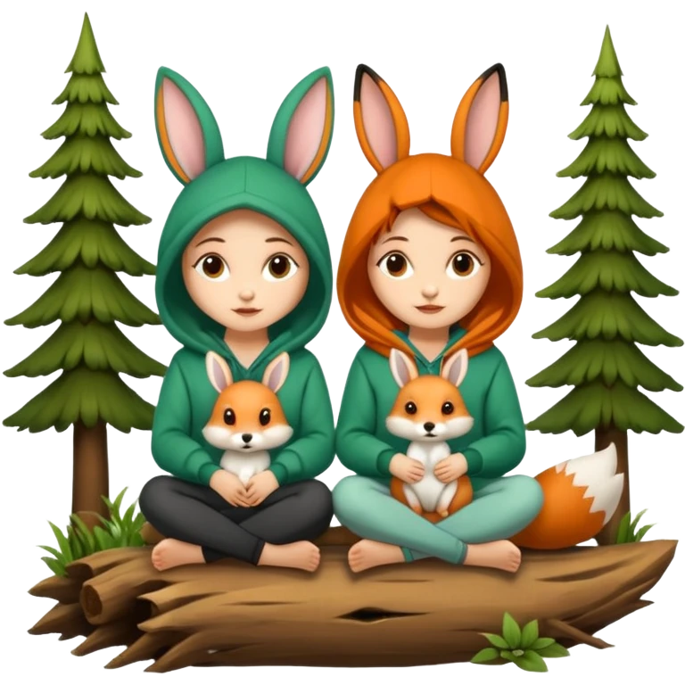 two forest women with cute fox and rabbit hoodies sitting together on log emoji