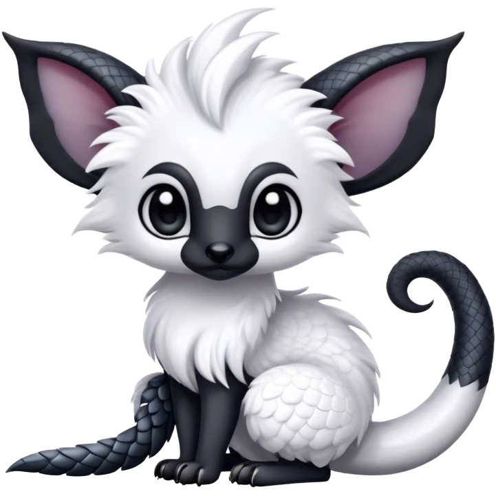 Fantasy-fantasy creature, black ears, no Scapha, black long scaly tail, big eyes, black eyes, white fur, black claws, cute, adorable emoji