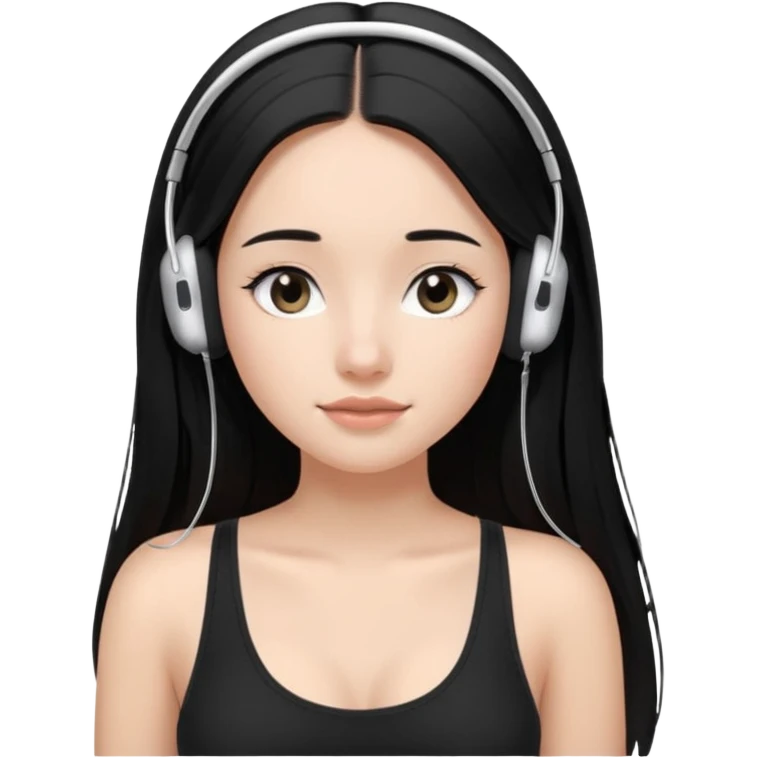a fair girl with straight black long hair, wearing a black cami top. and wearing silver airpods max headphones on emoji