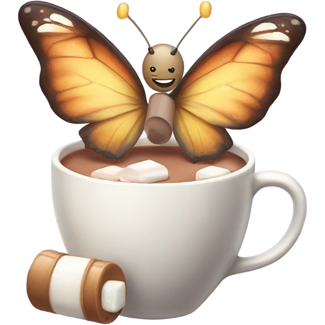 Butterfly drinking hot chocolate with marshmallows while talking to a fairy emoji