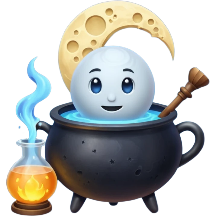 alchemy mage character stirring potion cauldron shaped like the moon emoji