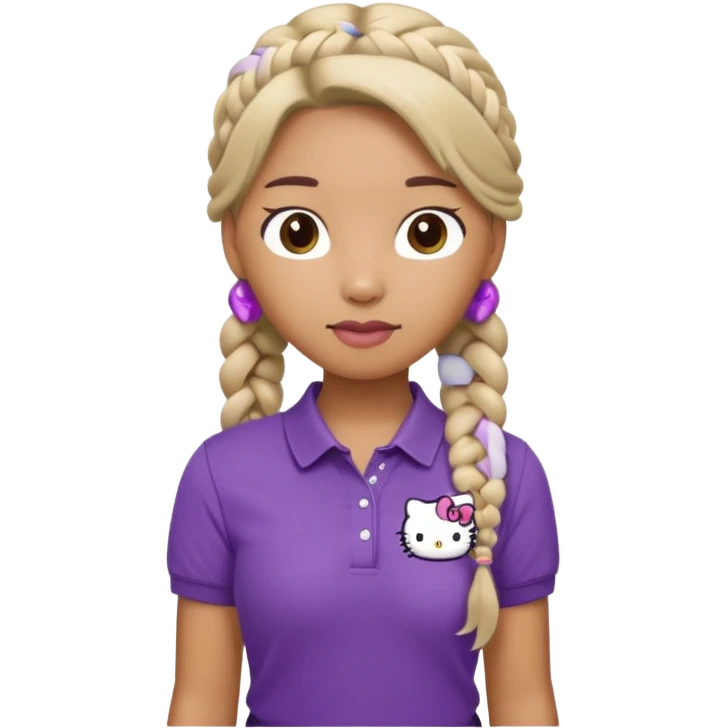hello kitty wearing purple polo shirt and kyaki pants with long fishtail braids baddie emoji