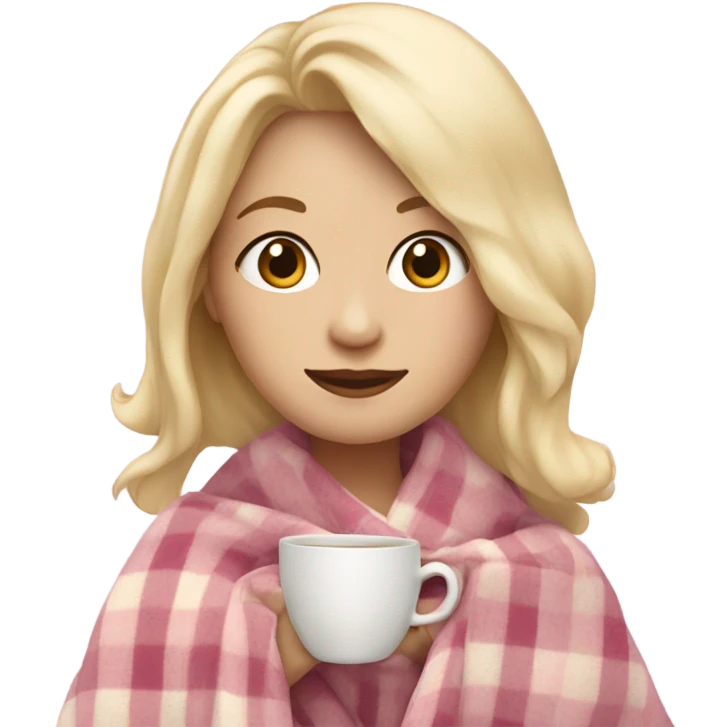 A pale blonde girl covered in a plaid light pink blanket sipping tea emoji