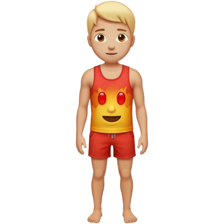 Emoji-style person standing in beach shorts, skin visibly sunburned and red on arms, legs, and face, but chest and shoulders clearly lighter with tank top tan lines. Expression shows mild pain or discomfort, cute rounded emoji design, soft 3D shading, vibrant colors emoji