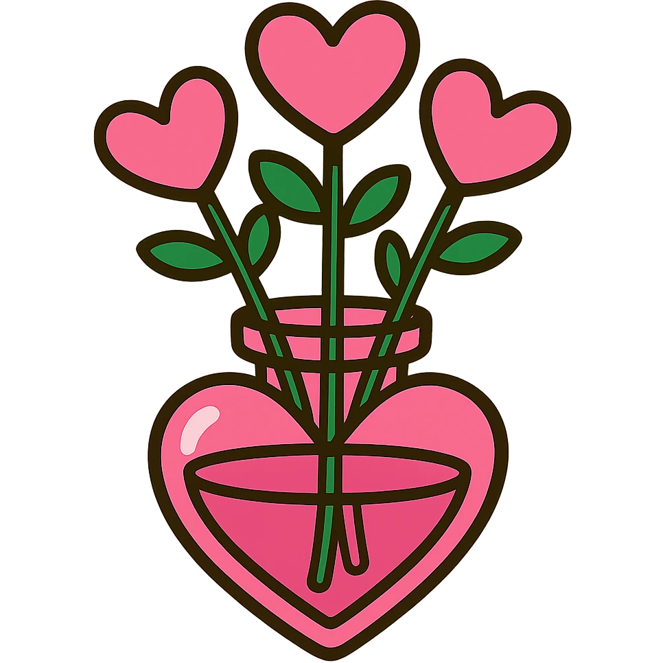 glass vase shaped like a pink heart, holding pink heart-shaped flowers, vibrant cartoon style emoji