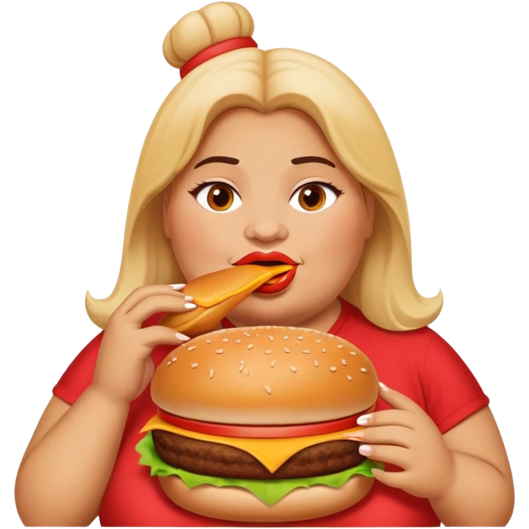 fat woman eating a burger with bold text that says “ur mom” emoji