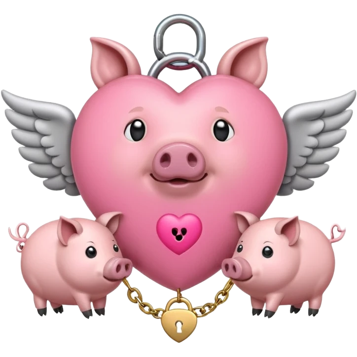 Pink heart with a lock and key inside surrounded by flying pigs with ball gags on emoji