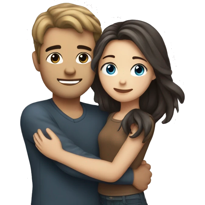 Pretty girl with long light brown hair and blue eyes hugging man with dark hair emoji