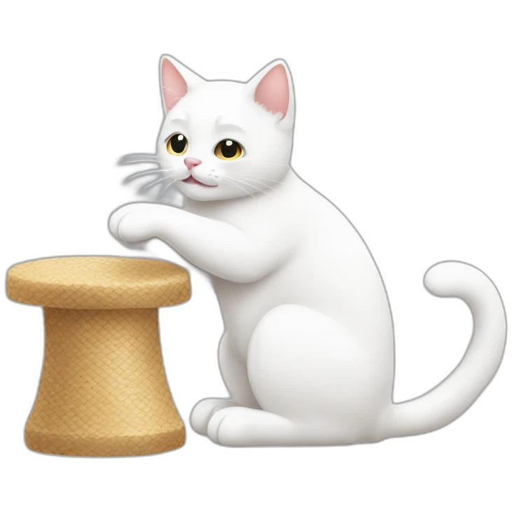 White cat scratching a scratcher emoji