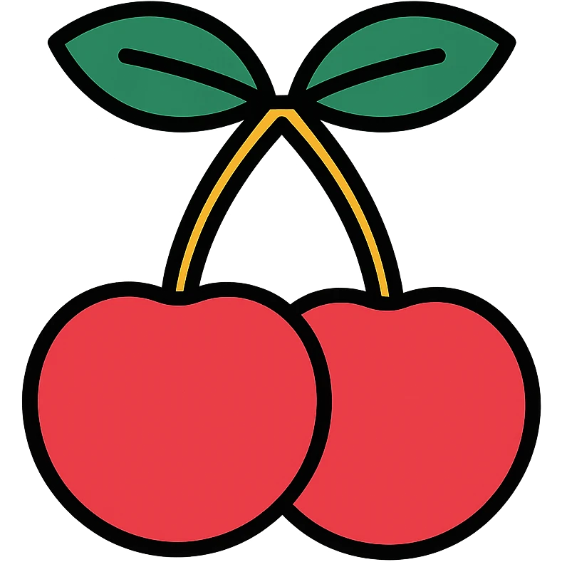 Two cherries with golden stems connected, paired with dark green leaves emoji