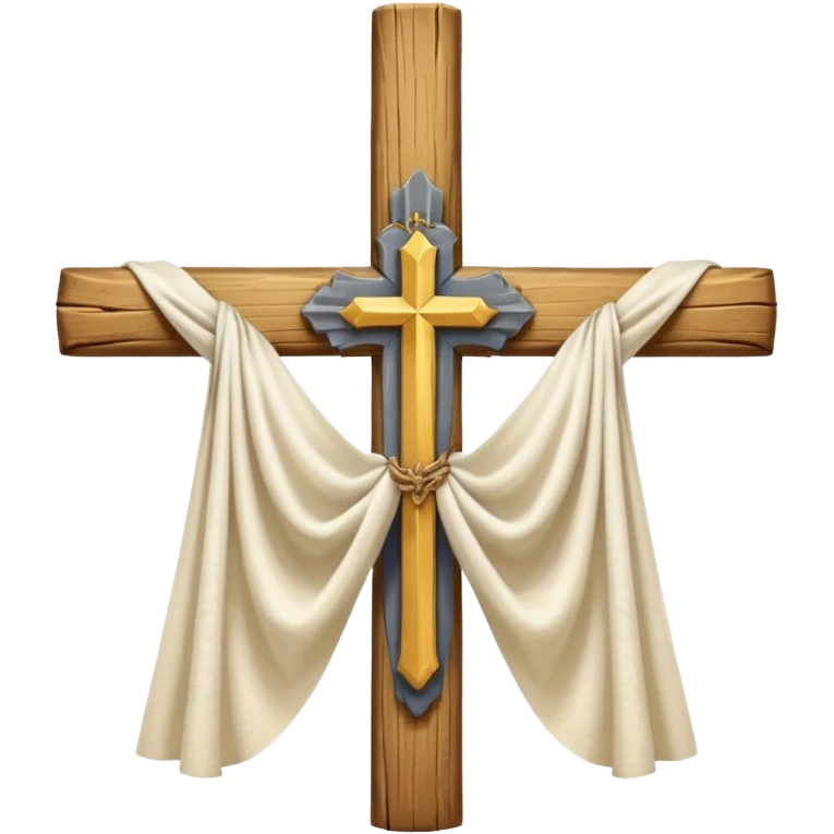 Cross made of wood, the top of the tip of the cross, a golden cross, and a white cloth hanging over the two arms of the cross emoji