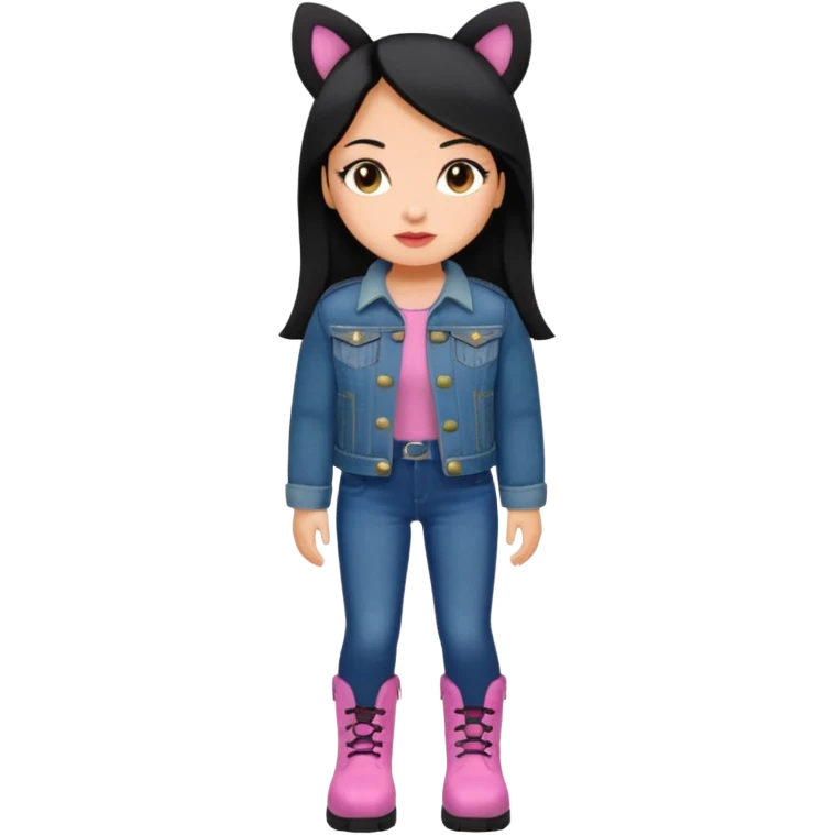 Gordita, ojos pequeños de color cafe oscuro, labios pequeños y rosados, piel trigueña, orejas pequeñas, cabello largo lazio y negro, pequeña. cuerpo completo. vestida con saco jean y botas emoji