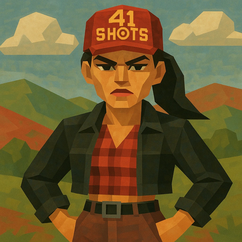 low-poly 3D style female figure with strong eyebrows and sharp angular face, intense confident look, wearing a red cap with '41 SHOTS' and target, black ponytail, cropped black jacket, red and black plaid shirt, high-waisted pants, black belt, stylized hills and clouds background, earthy red and green tones, rebellious determined vibe emoji