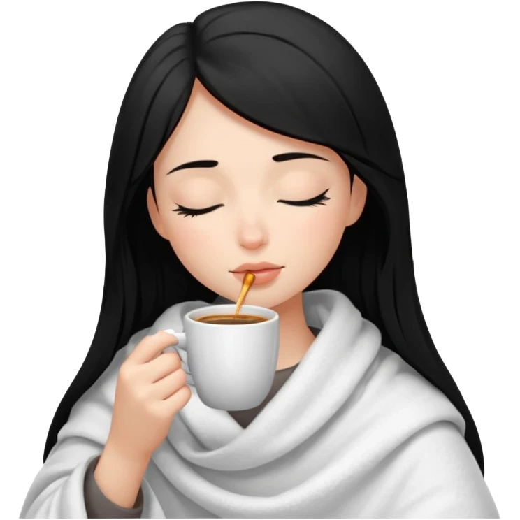 black haired girl inside a white blanket sipping coffee with eyes closed and lashes emoji