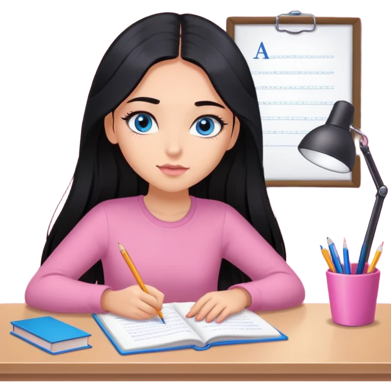 Girl with long black hair, blue sharp eyes, eyelashes, studying on a pink desk emoji