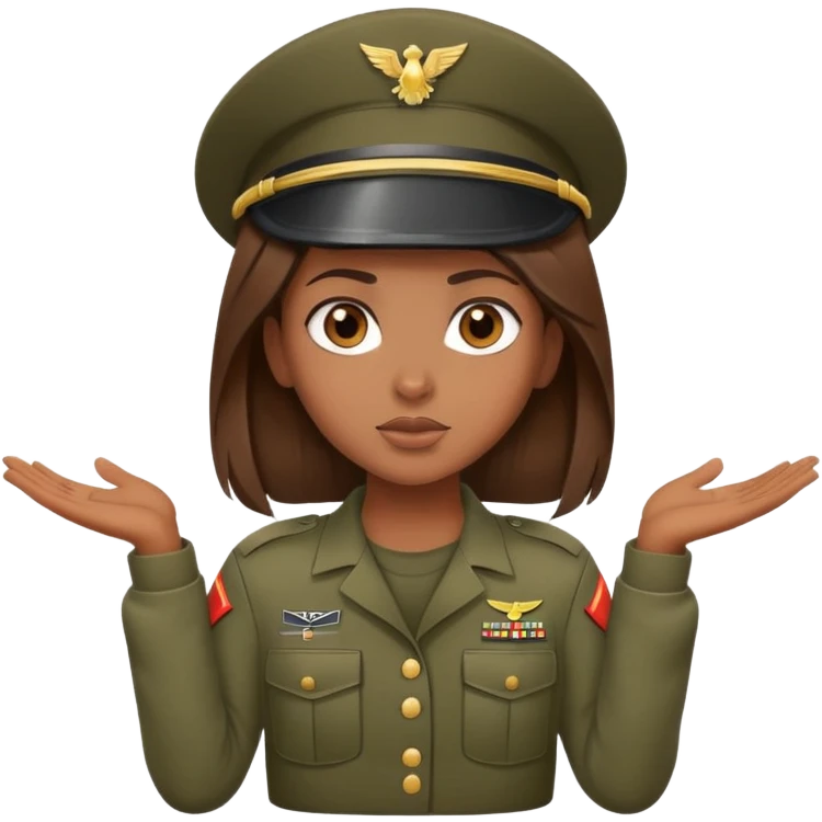 brown-skinned girl in army attire with brown hair, shrugging emoji