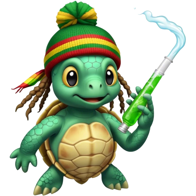 Sea turtle, taking a bong rip, wearing a rasta beanie with dreads. emoji