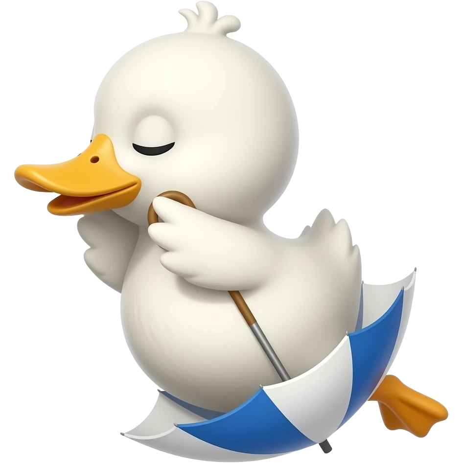 a white cute duck balanced by a parasol in the air blown by a gust of wind. eyes and mouth closed, minimalist emoji