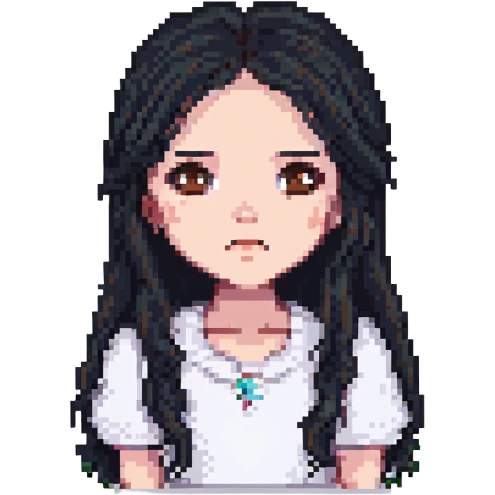 confused white girl with long black hair and brown eyes, pixel art style emoji
