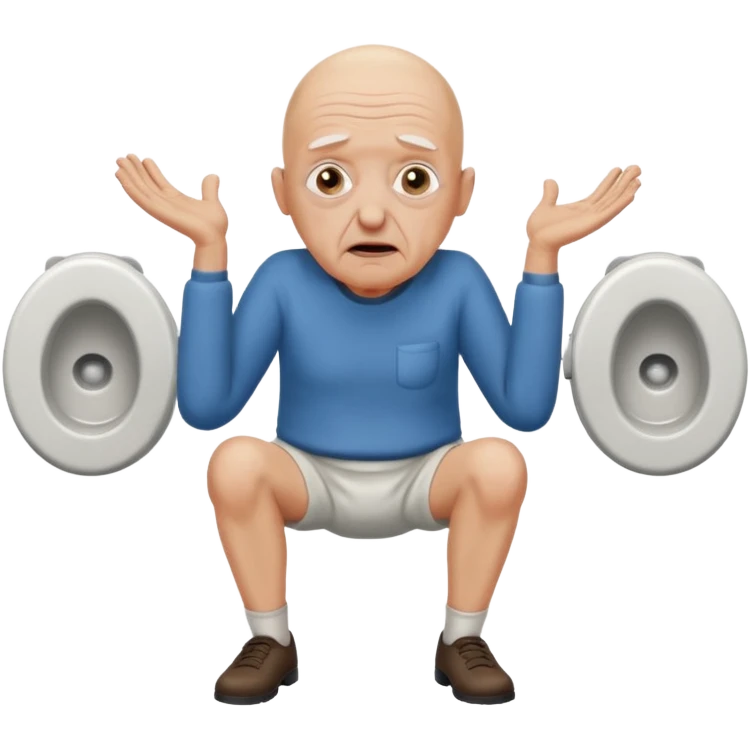 A bald person who’s very old is staring, he’s inside a toilet and his head is upright and looking at the camera with very wide eyes and his hands are putting pressure on his head, very scared expression and he’s shaking his butt emoji