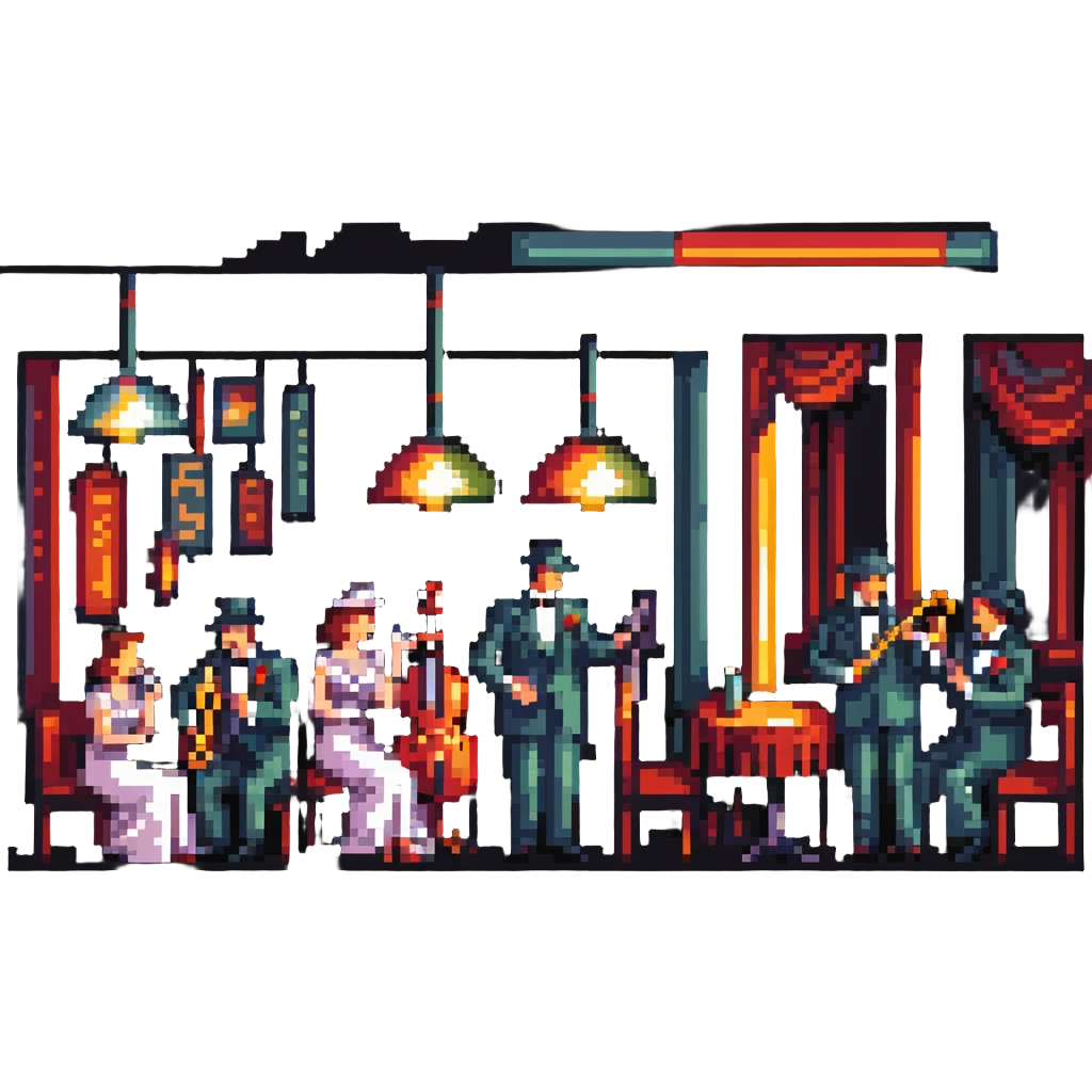 1940s jazz nightclub scene, pixel art style, no text emoji
