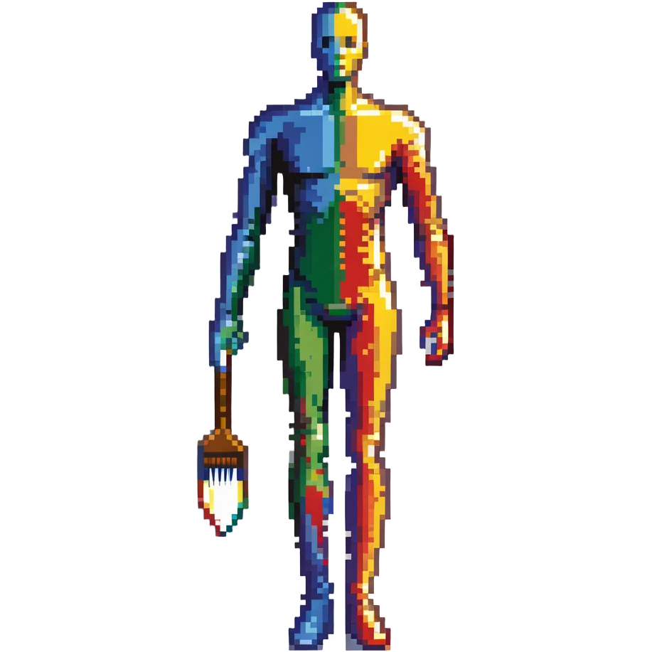 A paintbrush transforming into a metallic human silhouette, symbol of artistic identity emoji