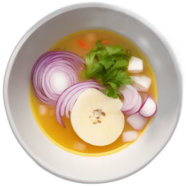 white bowl of hot soup with the following ingredients sliced red onions, albacore, coriander and yucca emoji