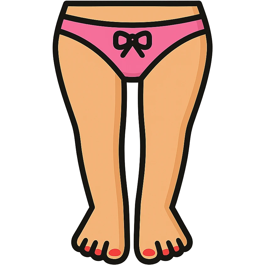 vector illustration of female legs as in reference, wearing pink panties with bow, clean lines, shadows and highlights, neat pedicure emoji
