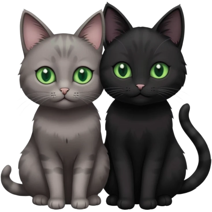 1 grey cat with pastal green eyes and 1 black with green eyes cat cuddling emoji