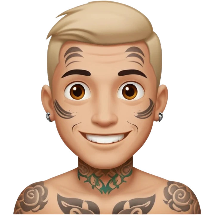 man with small face tattoos, cheerful expression emoji