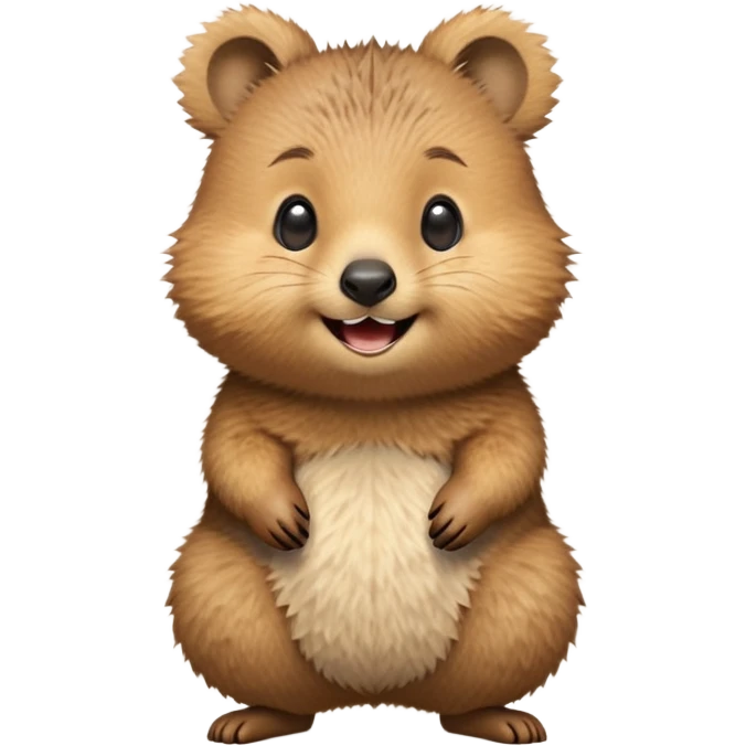 cinematic-quokka-realistic-emoj,-small-round-frame-balanced-on-tiny-strong-hind-legs,giant-fluffy-cheeks-large-smile-fluffy-brown-fur-radiating-a-warm-softness,-big-round-eyes-filled-with-joy, realistic emoji emoji