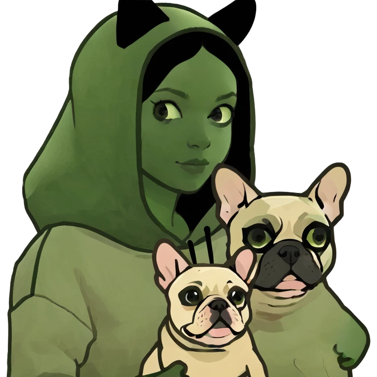 A brown haired girl wearing a beige hoodie is holding two French bulldogs, one beige and one black emoji