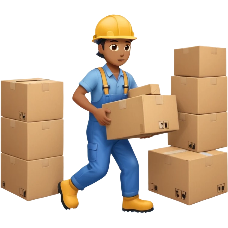 Animación educativa sobre un accidente laboral en un entorno industrial. Un trabajador de fábrica, con casco pero sin otros elementos de protección personal, resbala en un piso mojado y cae al suelo mientras transporta una caja. emoji