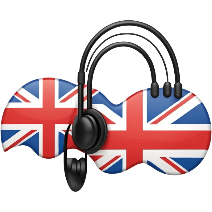 Minimalistic flat vector icon, iOS style, thin black contour on white background. Ear icon with sound waves and small UK/USA flag symbol. Clean, no text, no shadows emoji