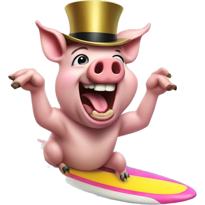 a pig happy screaming while on a surf board on a rainbow with a top hat emoji