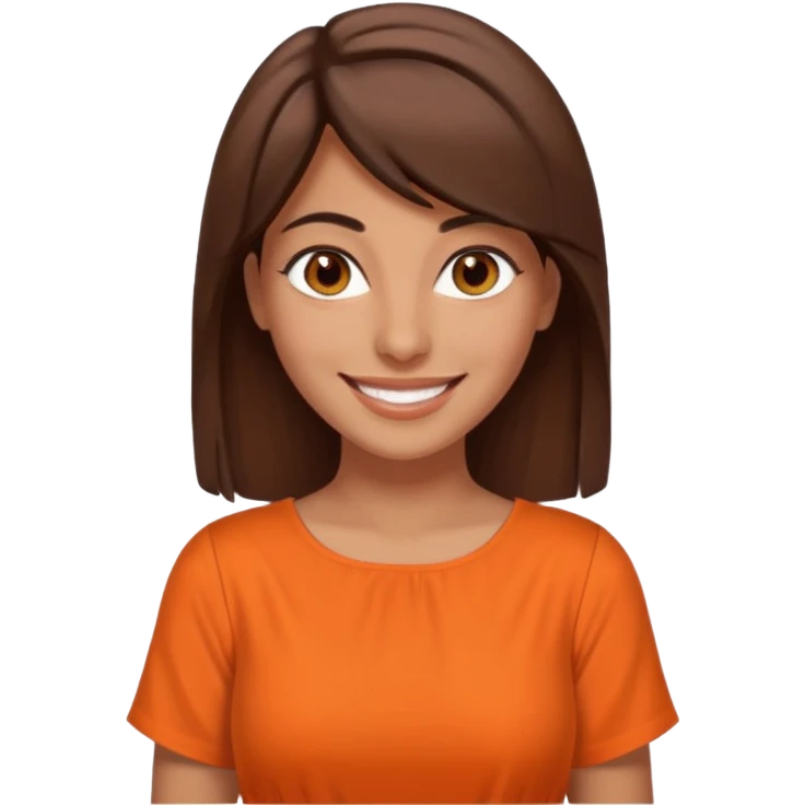 30 yr old middle eastern woman straight brown hair side bangs big smile tanned skin brown eyes orange dress emoji